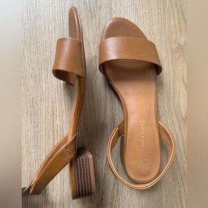 Denver Hayes Cognac Brown Leather Slingback Block Heel Sandals
